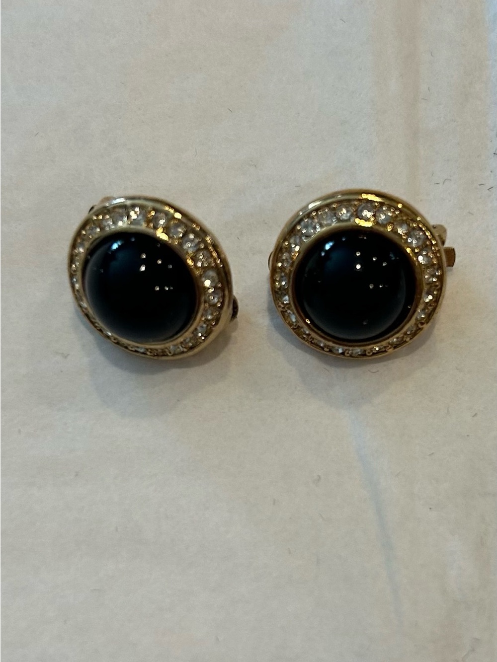 Vintage Gold-Tone Black Cabochon Halo Clip On Earrings